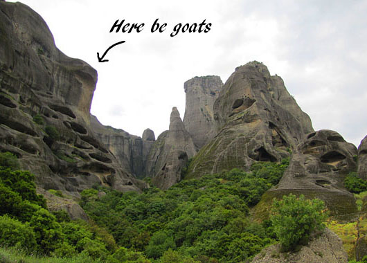 Some of the rocks which loom over Kalambaka, Meteora, Greece at The Cheshire Cat Blog
