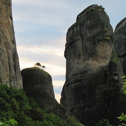 Trees growing on top of a pinnacle of Meteora, Greece at The Cheshire Cat Blog