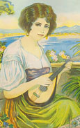 Detail from a print of a painting of a yound Greek woman playing a bouzouki. In a junk shop, Monastiraki, Athens, Greece at The Cheshire Cat Blog