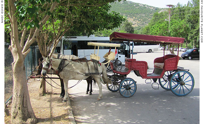 Horse-drawn faytons outside the entrance to the archaeological site of Ephesus, Turkey at The Cheshire Cat Blog