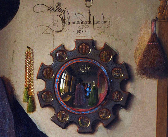 Jan Van Eyck's signature on the Portrait of Giovanni Arnolfini and his Wife at the Mysterious Edwin Drood's Column