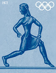 Ancient Spartan woman runner on a Greek postage stamp to commemorate the 1972 Olympic Games at the Mysterious Edwin Drood's Column