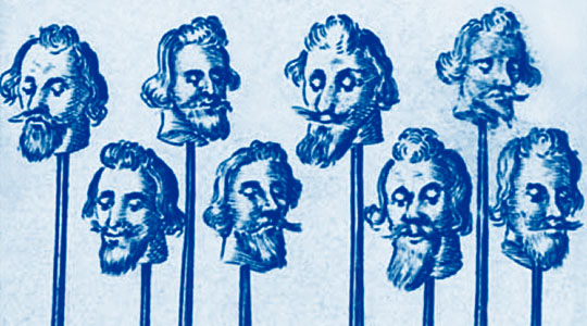 The heads of the executed Gunpowder Plot conspirators on spikes at the Mysterious Edwin Drood's Column