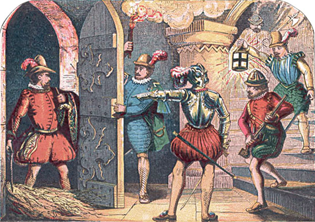 The arrest of Guy Fawkes in the cellar of the House of Lords, 5th November 1605 at the Mysterious Edwin Drood's Column