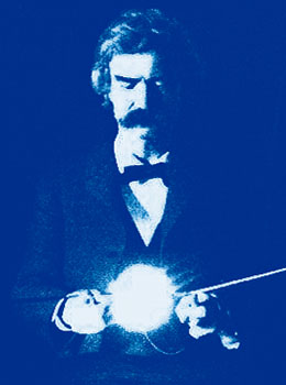 Mark Twain in the laboratory of Nikola Tesla in New York, 1894 at the Mysterious Edwin Drood's Column