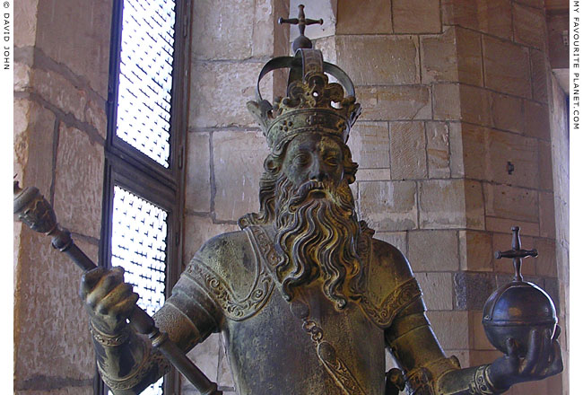 Statue of Emperor Charlemagne (Karl der Große) in Aachen City Hall (Aachener Rathaus), Germany at the Mysterious Edwin Drood's Column