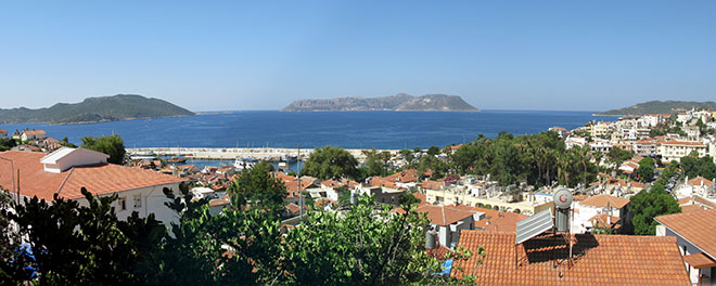 Panoramic view of Kastellorizo island, Greece from the harbour of Kas in Turkey