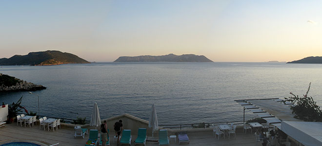 Panoramic view of the north of Kastellorizo at sunset from a hotel in Kas at My Favourite Planet