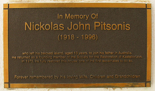Memorial plaque to Nickolas John Pitsonis, Kastellorizo, Greece at My Favourite Planet