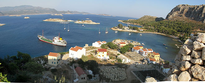 Panoramic view of Mandraki harbour from the Knights' Castle, Kastellorizo, Greece at My Favourite Planet