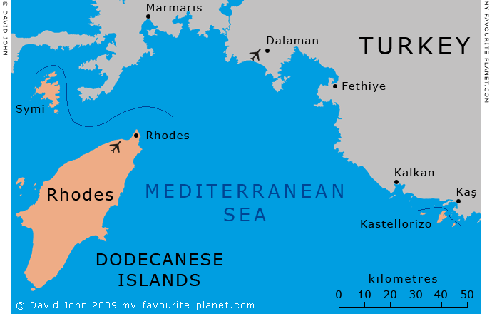 Map of Rhodes and Kastellorizo in the Dodecanese islands at My Favourite Planet