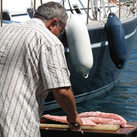 Man cutting up a fish, Kastellorizo, Greece at My Favourite Planet