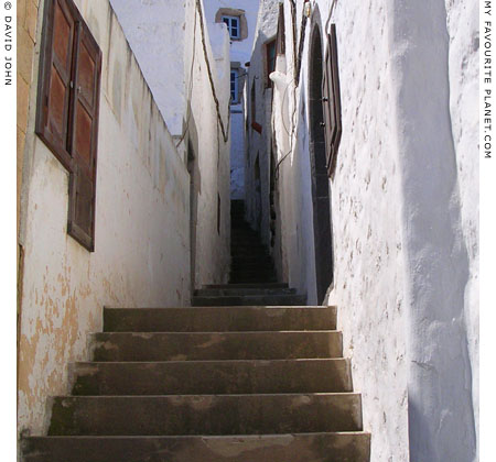 A stepped street up to the Monastery of Saint John in the main village Hora, Patmos, Greece at My Favourite Planet