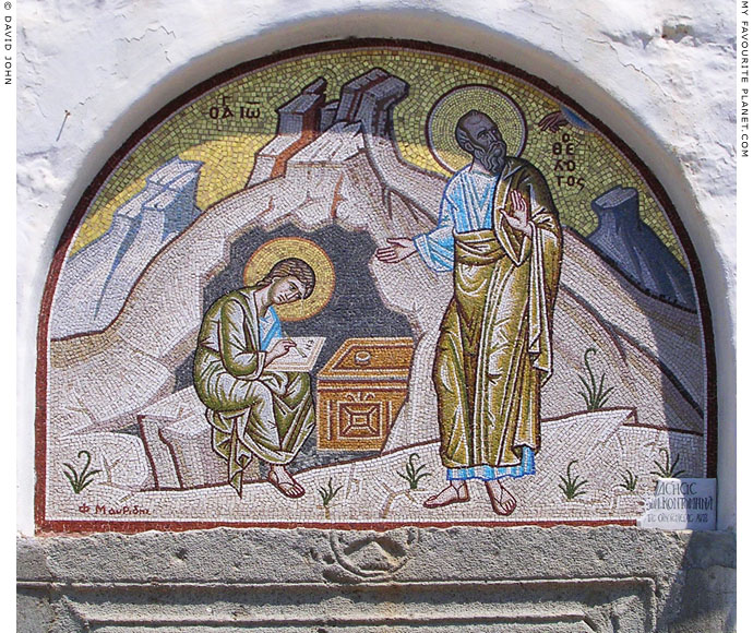 A mosaic of Saint John the Theologian dictating The Book of Revelation to his scribe in Patmos, Greece at My Favourite Planet