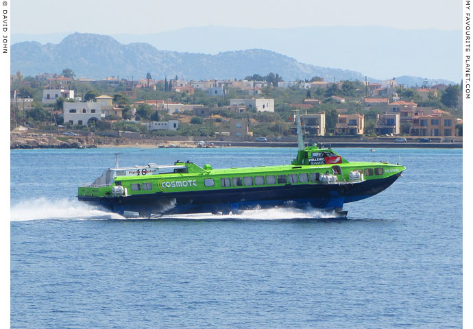 Hellenic Seaways Flying Dolphin 18 hydrofoil from Piraeus entering the main harbour of Aegina, Greece at My Favourite Planet