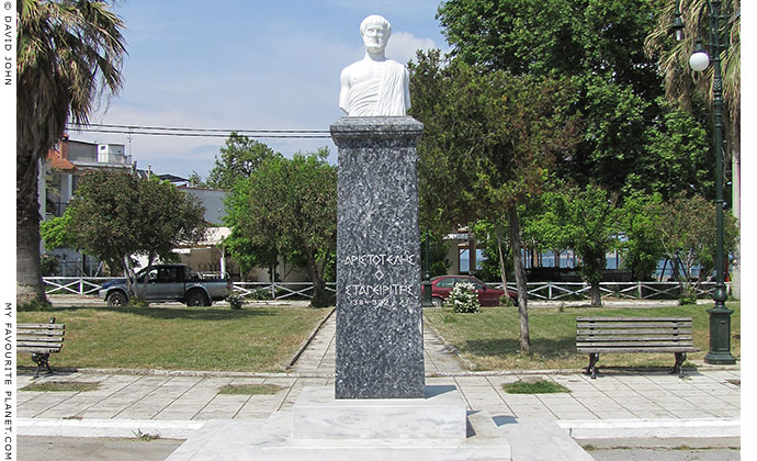 A modern statue of Aristotle of Stageira on Olympiada's main square, Halkidiki, Macedonia, Greece at My Favourite Planet