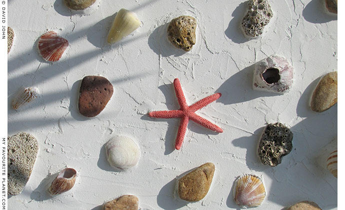 A collage of starfish, seashells and pebbles on a wall in Olympiada, Halkidiki, Macedonia, Greece at My Favourite Planet
