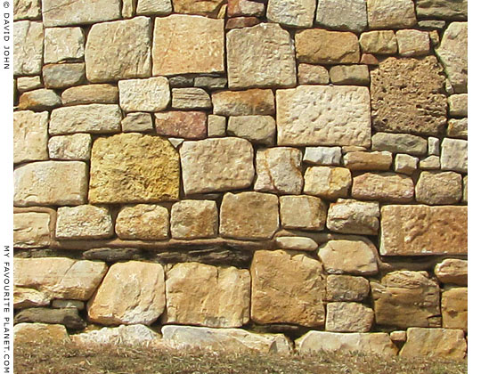 Stonework of the restored round tower of the Stageira acropolis
