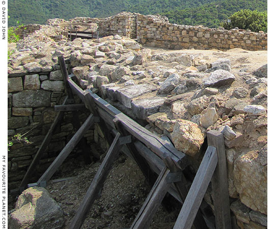 A shored-up section of wall on the acropolis of Stageira.