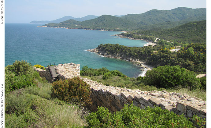The eastern section of Ancient Stageira's long south wall descends to the Aegean Sea, Halkidiki, Macedonia, Greece at My Favourite Planet