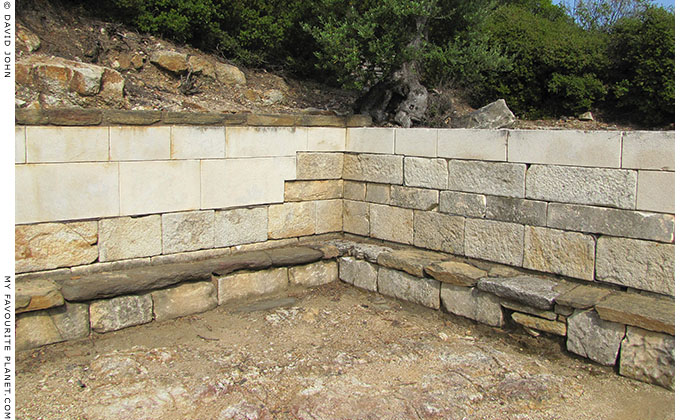 The stone benches at the southeast corner of Stageira's stoa, Halkidiki, Macedonia, Greece at My Favourite Planet