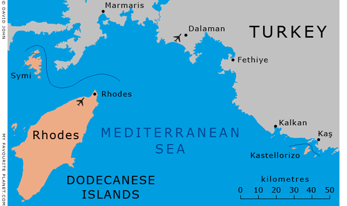 Map of Rhodes and Kastellorizo in the Dodecanese islands, Greece, at My Favourite Planet