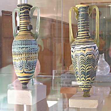 Ancient glasses vases in Paleopolis Archaeological Museum, Samothraki island, Greece at My Favourite Planet