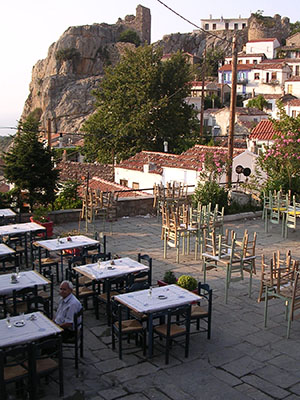 The terrace of a restaurant in Chora village, Samothraki island, Greece at My Favourite Planet