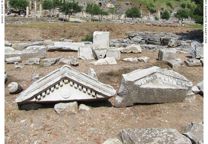 Marble pediments displayed on the west side of the Upper Agora, Ephesus at My Favourite Planet
