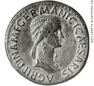 Portrait of Agrippina the Elder on a coin of Emperor Caligula at My Favourite Planet