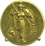 Gold stater showing a cult image of Athena with raised spear and shield