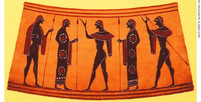 A row of draped males on an alabastron by the Amasis Painter at My Favourite Planet