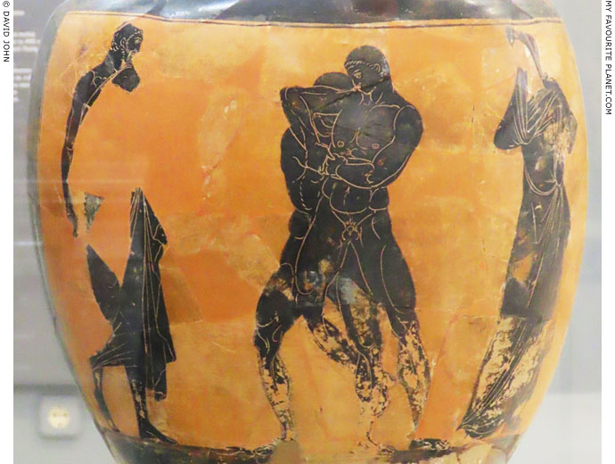Wrestlers on a Panathenaic amphora from Eretria, Euboea at My Favourite Planet