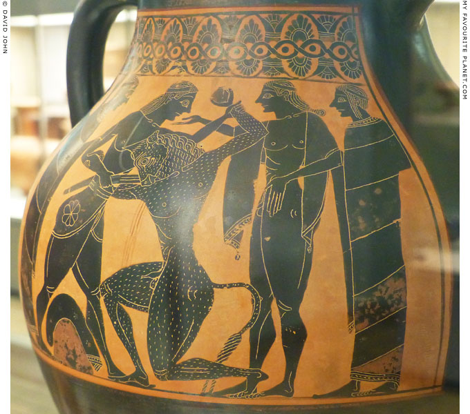 Theseus killing the Minotaur on a psykter-amphora painted by Lydos at My Favourite Planet