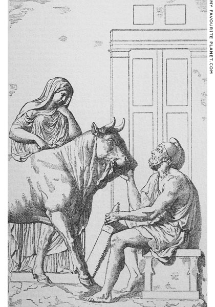Drawing of a relief of Daidalos constructing a hollow cow for Pasiphae at My Favourite Planet
