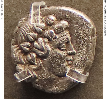 The head of Dionysus on a silver coin of ancient Korkyra at My Favourite Planet