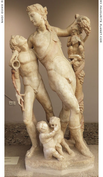 Marble statue of drunken Dionysos, a Satyr, Pan, Eros and a panther at My Favourite Planet