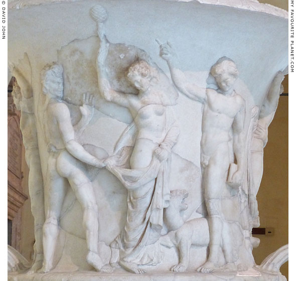 A marble relief with a Maenad and two Satyrs at erotic play at My Favourite Planet