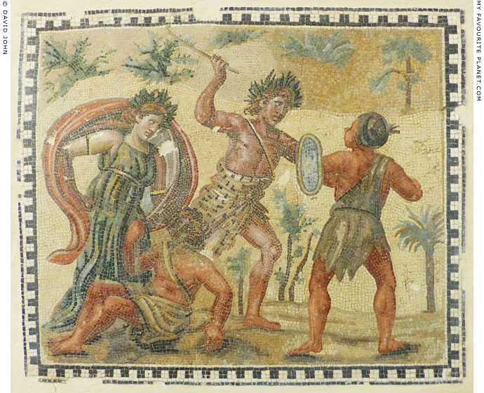 Mosaic emblema depicting Dionysus fighting the Indians at My Favourite Planet