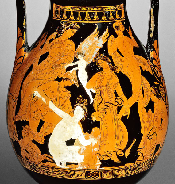 Peleus seizing Thetis on an Attic red-figure pelike by the Marsyas Painter at My Favourite Planet