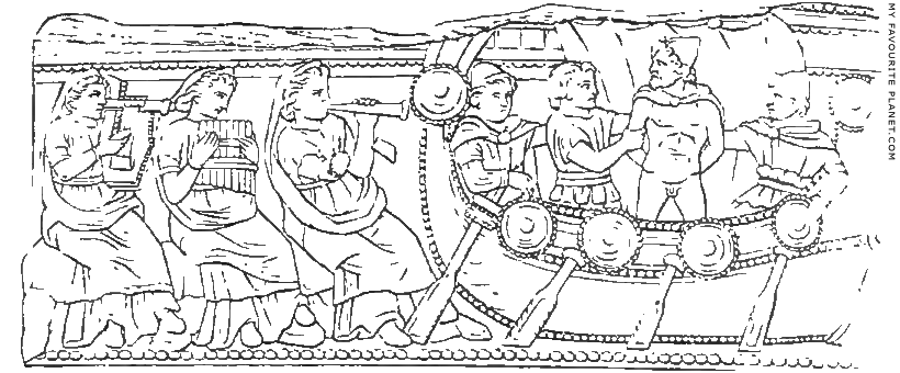 Odysseus and the Sirens on an Etruscan cinerary urn from Volterra at My Favourite Planet
