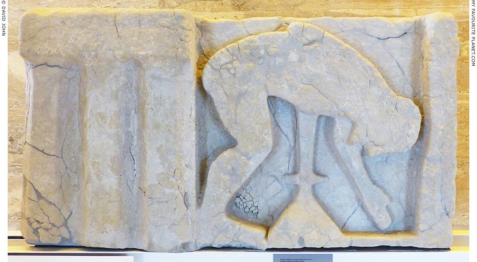 A metope relief of Ajax committing suicide on a metope in Paestum at My Favourite Planet