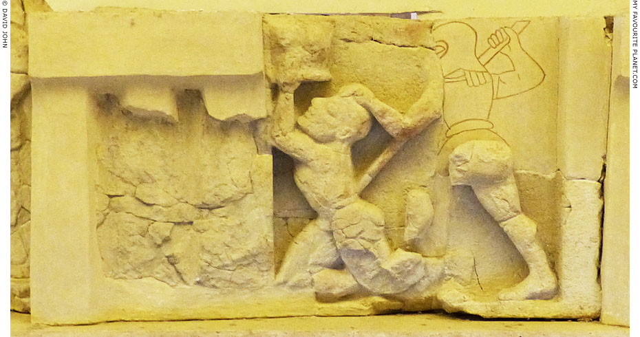 A relief of Patroklos being stabbed by Trojan Euphorbos on a metope in Paestum at My Favourite Planet