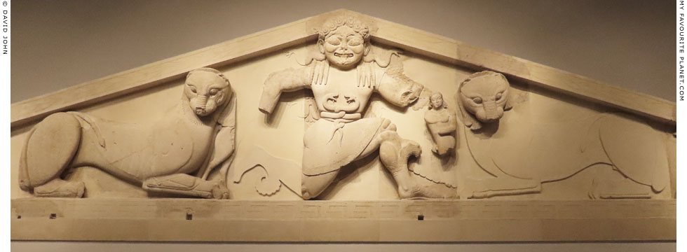 Gorgon Medusa flanked by lions on the Gorgon pediment, Corfu at My Favourite Planet