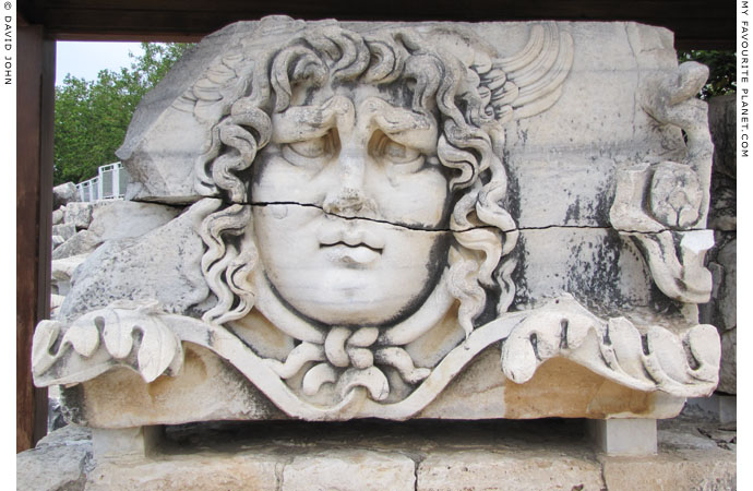 Marble relief of a colossal head of the Gorgon Medusa at the Temple of Apollo, Didyma at My Favourite Planet