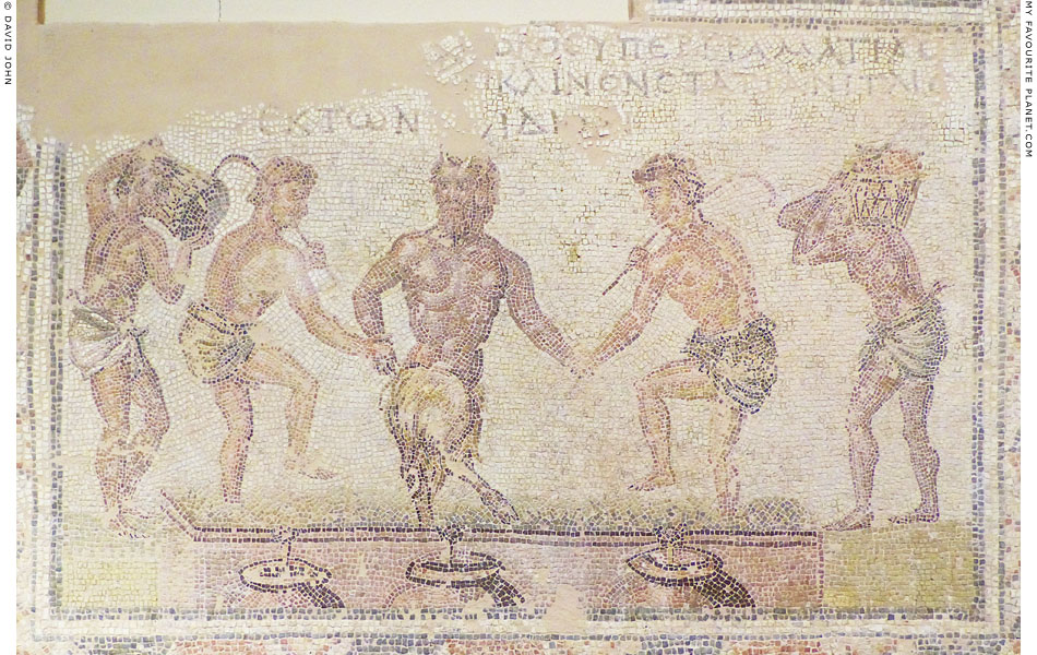A mosaic depicting Pan treading grapes in a wine press at My Favourite Planet