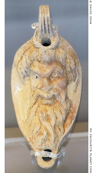 The head of Pan on a ceramic oil lamp from Elis, Greece at My Favourite Planet
